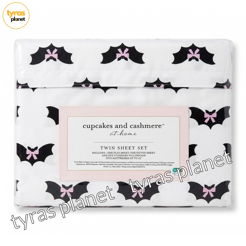 Cupcakes & Cashmere Halloween Bows & Bats Twin Sheet Set Pink Black 20018232